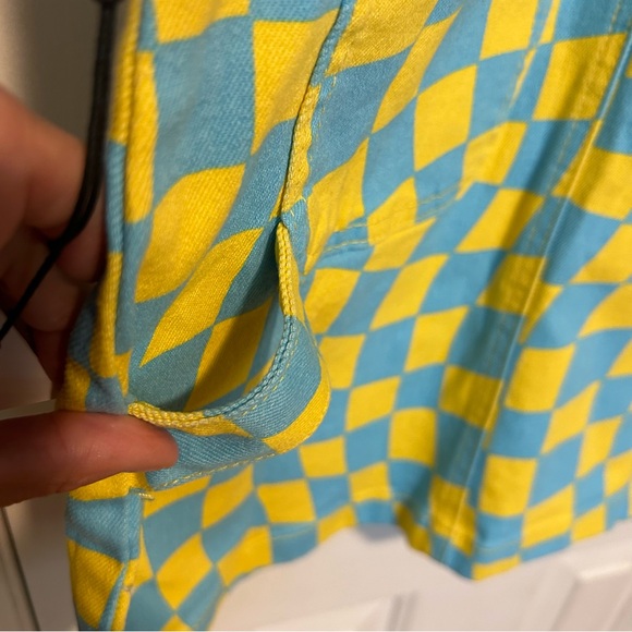 F21 Psychedelic Denim Overalls Romper Mini Dress Carolina Blue & Yellow | Small - Picture 9 of 11